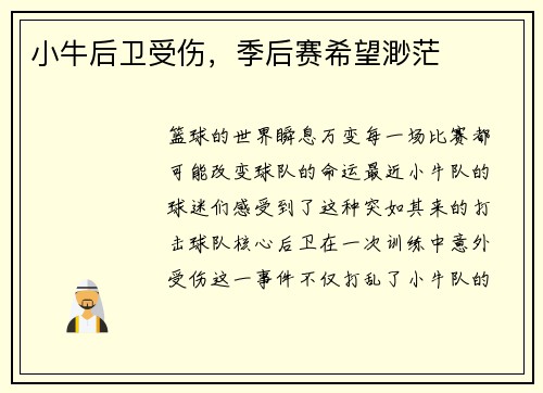 小牛后卫受伤，季后赛希望渺茫