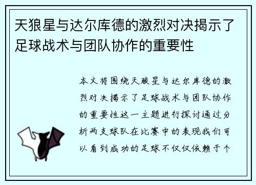 天狼星与达尔库德的激烈对决揭示了足球战术与团队协作的重要性